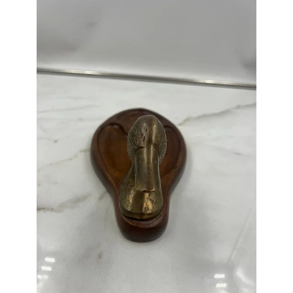 Vintage Brass Duck Head Wood Valet Tray Mallard Trinket Dish Catchall Organzier